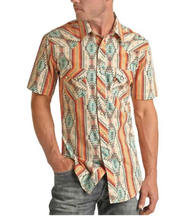 Rock and Roll Denim Orange/Cream Aztec Print Men's Stretch Western Shirt BMN3S03365
