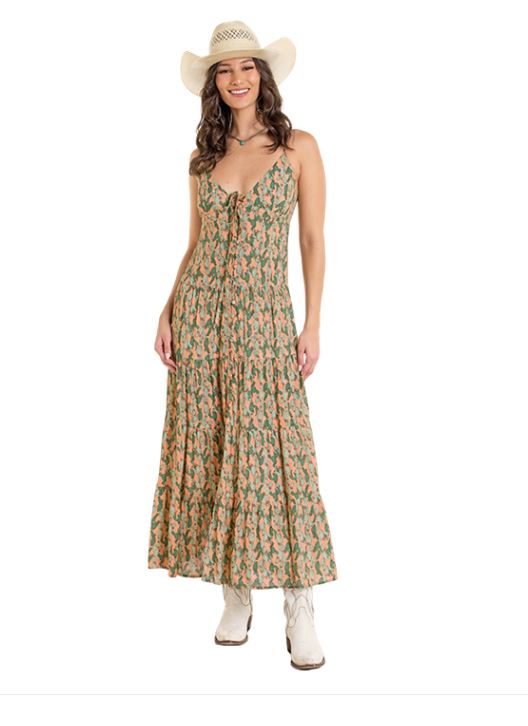 Rock And Roll Denim Orange Multi Women's Cactus Print Midi Dress BWD0R06286