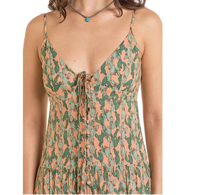 Rock And Roll Denim Orange Multi Women's Cactus Print Midi Dress BWD0R06286