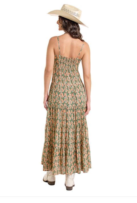 Rock And Roll Denim Orange Multi Women's Cactus Print Midi Dress BWD0R06286