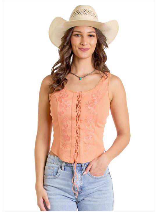 Rock and Roll Denim Orange Wash Women's Lace Up Crop Tank Top with Embroidery BWT20T06279