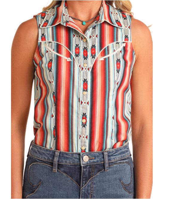 Rock And Roll Denim Red Aztec Stripe Women's Collared Sleeveless Snap Shirt BWN0S05863