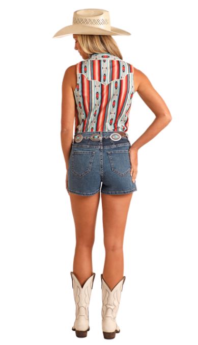 Rock And Roll Denim Red Aztec Stripe Women's Collared Sleeveless Snap Shirt BWN0S05863