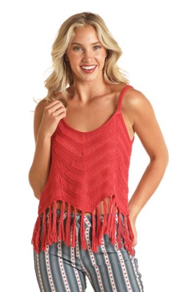 Rock and Roll Denim Red Crochet Women's Tank Top with Fringe RRWT20R18Y