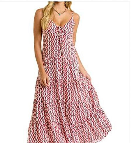 Rock And Roll Denim Red/White Aztec And Zig Zag Alternating Print Women's Halter Maxi Dress BWD0R06320
