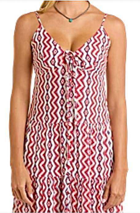 Rock And Roll Denim Red/White Aztec And Zig Zag Alternating Print Women's Halter Maxi Dress BWD0R06320