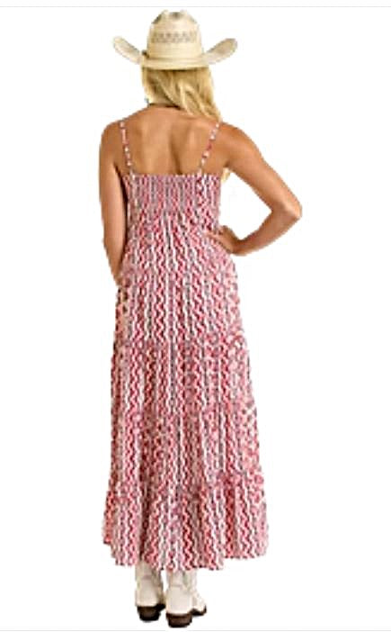Rock And Roll Denim Red/White Aztec And Zig Zag Alternating Print Women's Halter Maxi Dress BWD0R06320