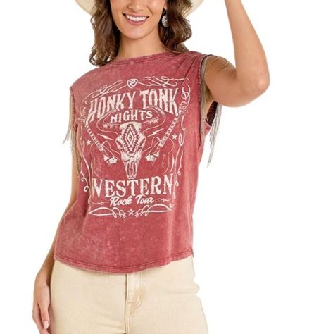Rock and Roll Denim Rust Women's Graphic Tank with Chain Fringe Sleeves BWT20T06458