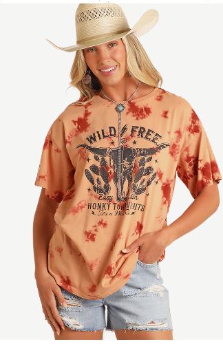 Rock and Roll Denim Rust Women's Wild Free Honky Tonk Nights Tie Dye Oversized Graphic Tee Shirt BW21T05938
