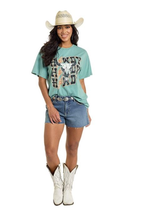 Rock and Roll Denim Stilllwater Blue Women's Howdy Skull Graphic Oversized Short Sleeve T-Shirt BWT21T06460