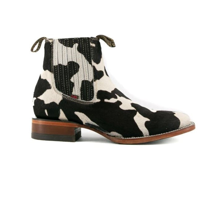Rock'Em Boots Black Cow Print Bessero Cuero Pelo de Vaca Square Toe Men's Ankle Boots BES COW CHEL