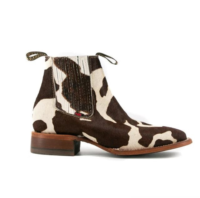 Rock'em Brown Cow Print Bessero Cuero Pelo de Vaca Men's Square Toe Ankle Boots BES COW CHEL BR