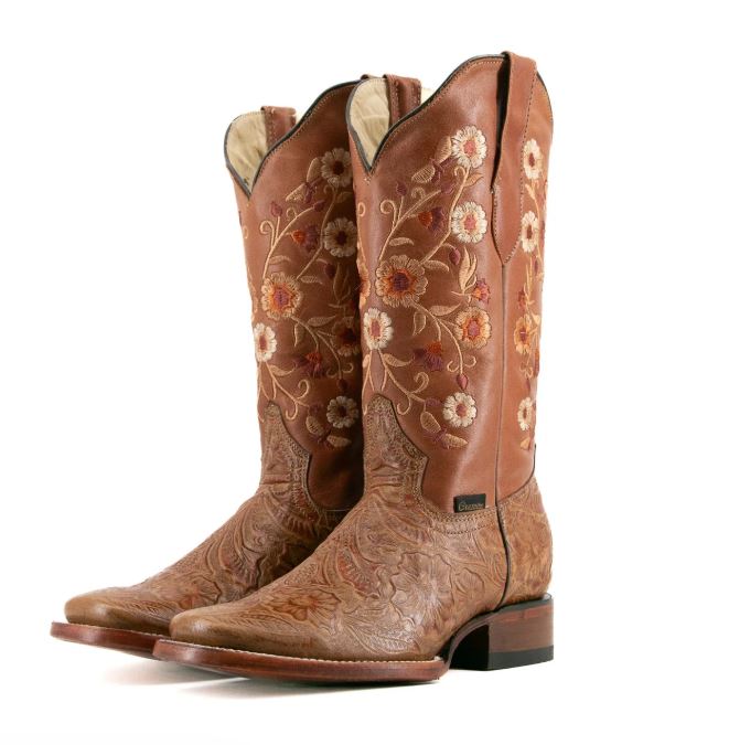 Rock'em Cedro Ramitas Cincelado Square Toe Cowgirl Boots With Floral Embroidery RAMITAS-CEDRO
