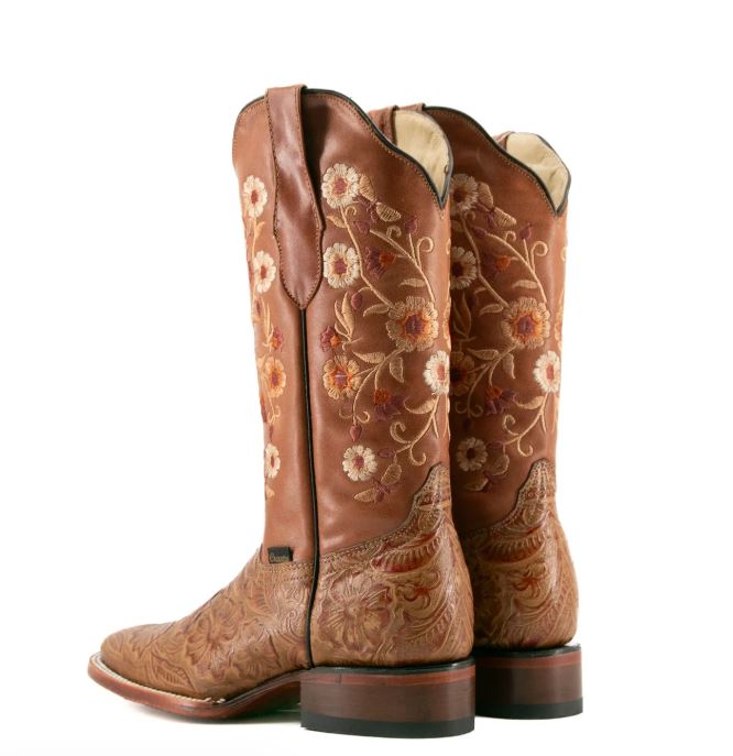 Rock'em Cedro Ramitas Cincelado Square Toe Cowgirl Boots With Floral Embroidery RAMITAS-CEDRO