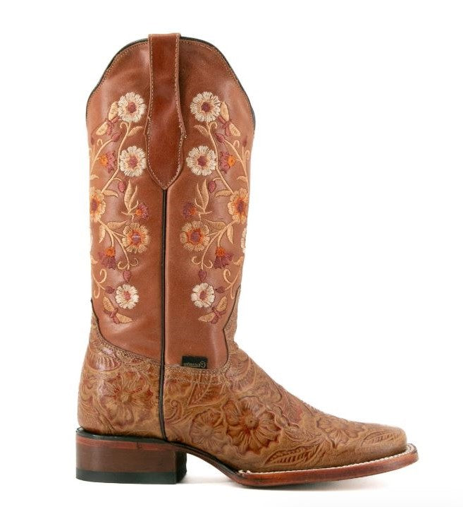 Rock'em Cedro Ramitas Cincelado Square Toe Cowgirl Boots with Floral Embroidery RAMITAS-CEDRO