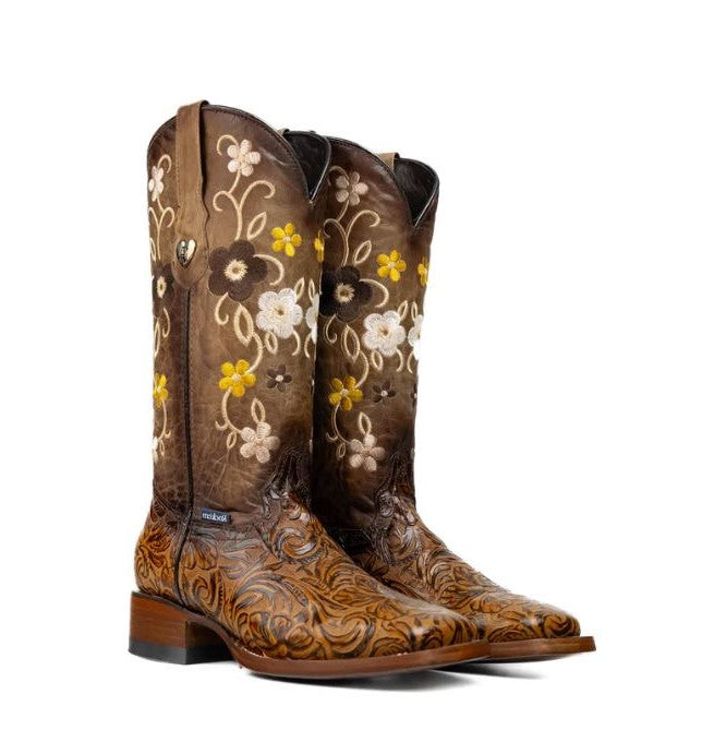 Rock'Em Honey Paraiso Genuine Leather Tooled Square Toe Women's Cowgirl Boots 455-PARAISO-HON
