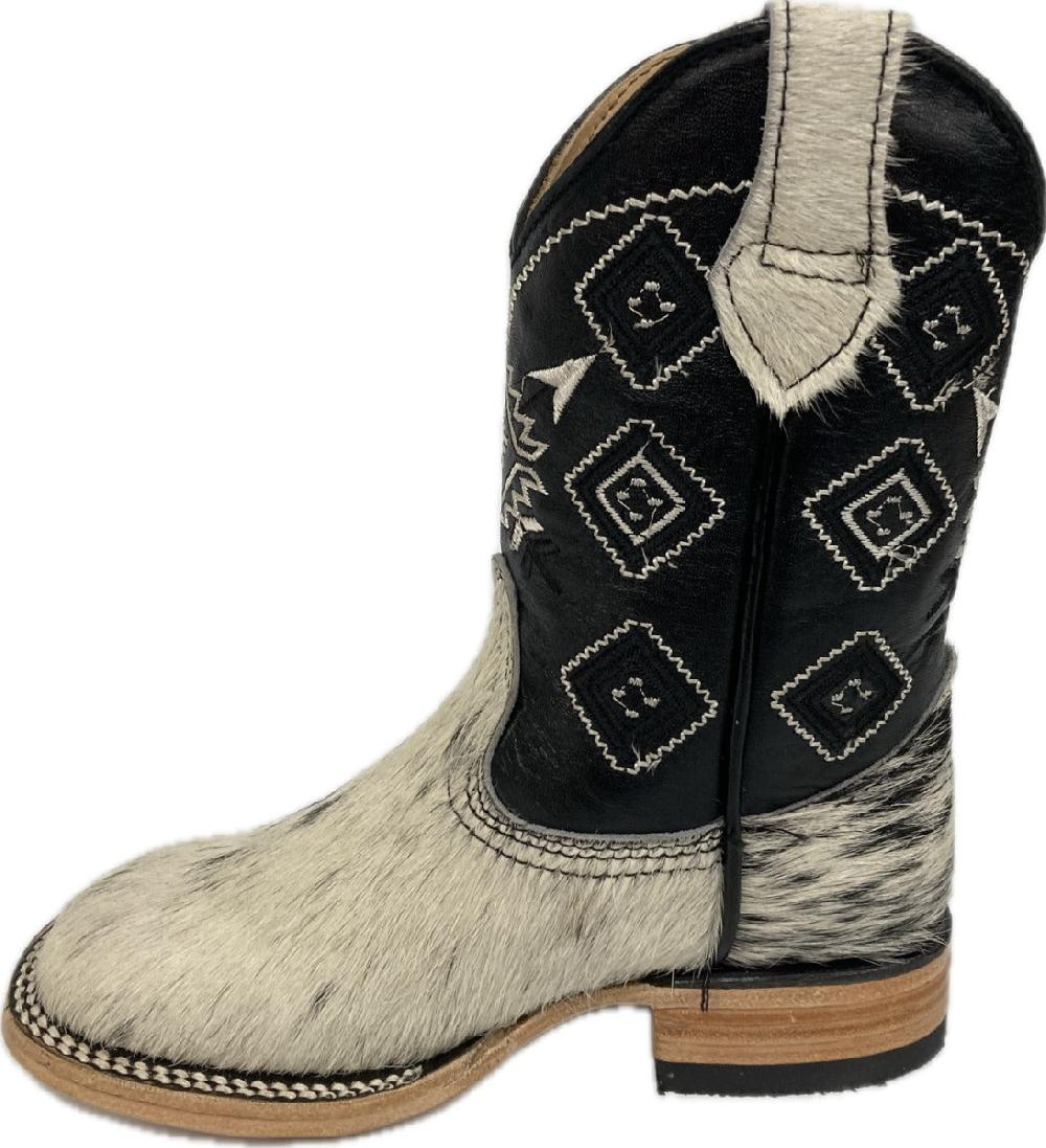 Rock 'Em Kids Black/White Little Kids Cowhide Boots KIDS PELO WT/BK