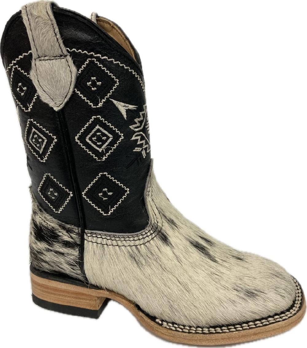 Rock 'Em Kids Black/White Little Kids Cowhide Boots KIDS PELO WT/BK