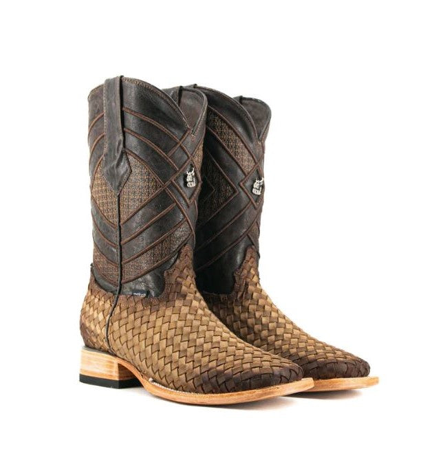 Rock'Em Tabaco Prescott Serbia Men's Woven Leather Print Square Toe Cowboy Boots PRSCT SERB TB