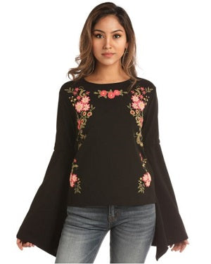 Rock & Roll Cowgirl Black Multi Womens Bell Sleeve Top with Floral Puff Print 48T-2875-01