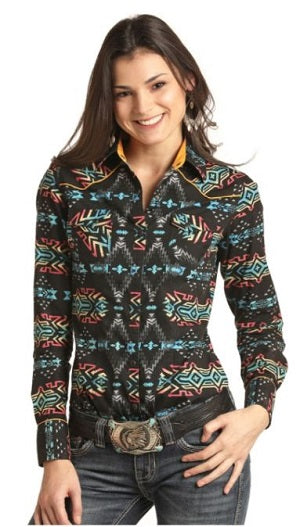 Rock & Roll Cowgirl Black Women's Aztec Print Snap Shirt B4S2304