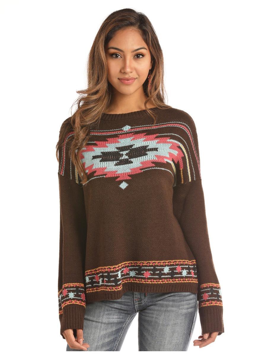 Rock & Roll Cowgirl Brown Aztec Long Sleeve Sweater 46-2895-20
