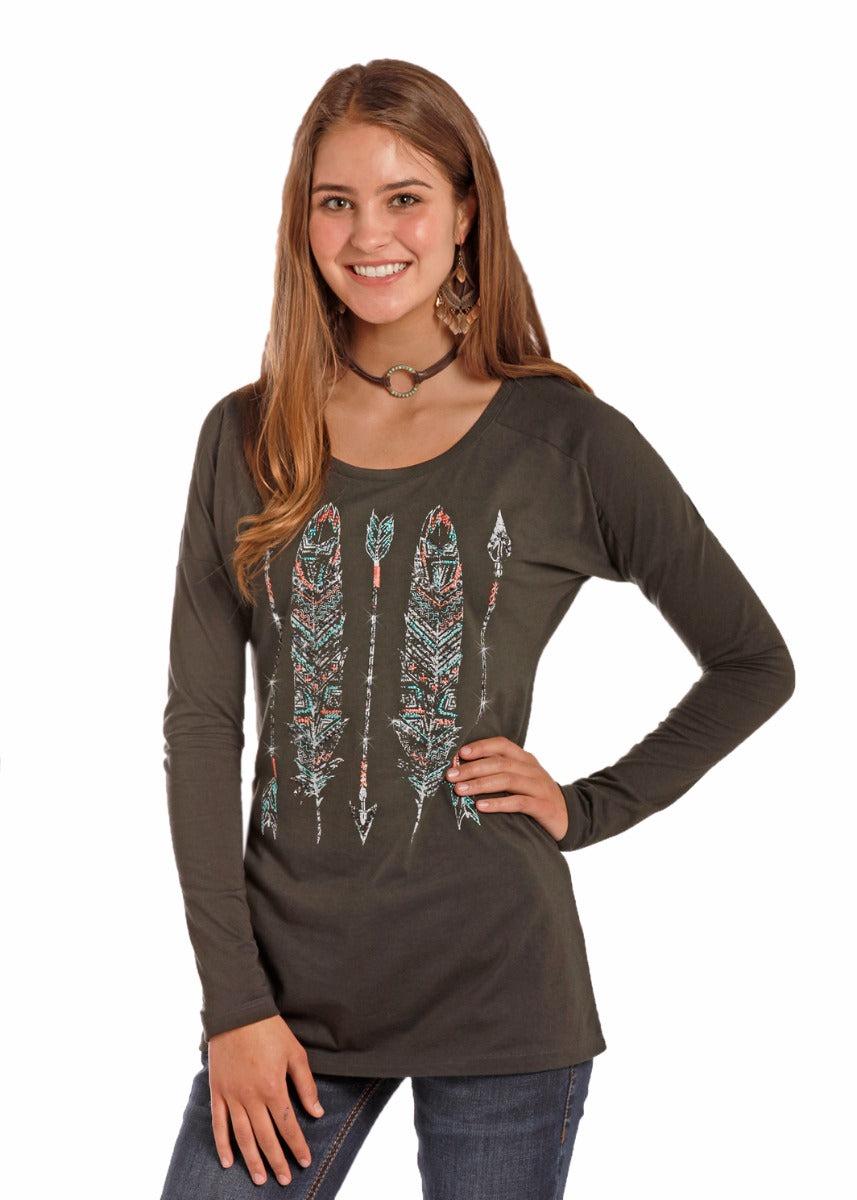Rock & Roll Cowgirl Feather & Arrow Drop Shoulder Womens Top 48T4374