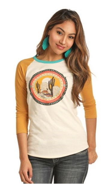 Rock & Roll Cowgirl Multi Color Women's Desert Scene Baseball Tee 48T3167