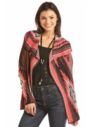 Rock & Roll Cowgirl Red Long Sleeve Aztec Womens Stripe Cardigan 46-2898