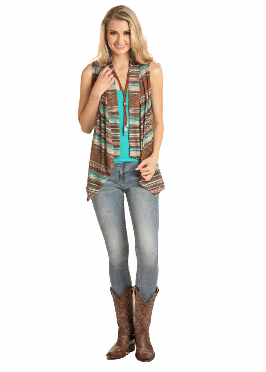 Rock & Roll Cowgirl Women's Teal & Brown Stripe Knit Vest 49V4531