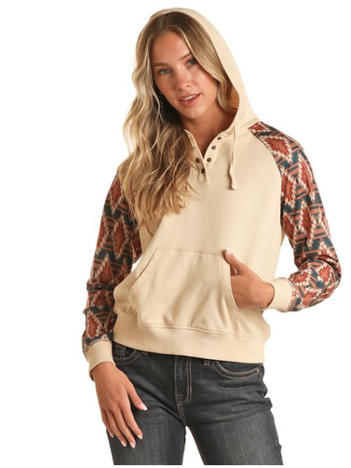 Rock & Roll Denim Aztec Print Long Sleeved Women's Hoodie BW94T03305