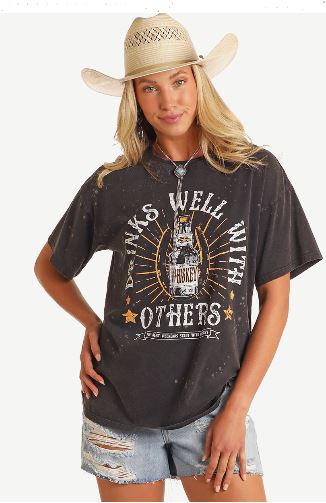 Rock & Roll Denim Black Drinks Well With Others Women's Graphic Oversized Tee Shirt BW21T05931