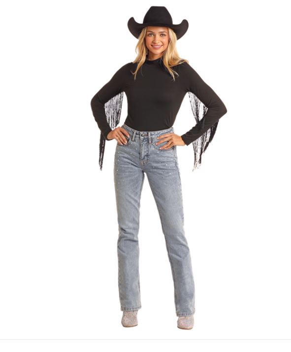 Rock & Roll Denim Black Mock Neck Women's Longsleeve Top With Fringe BW52TO5289