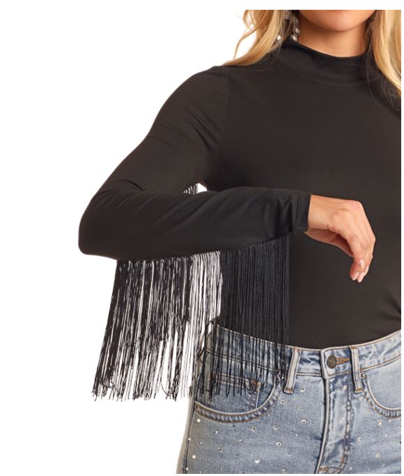 Rock & Roll Denim Black Mock Neck Women's Longsleeve Top With Fringe BW52TO5289