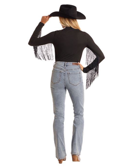 Rock & Roll Denim Black Mock Neck Women's Longsleeve Top With Fringe BW52TO5289