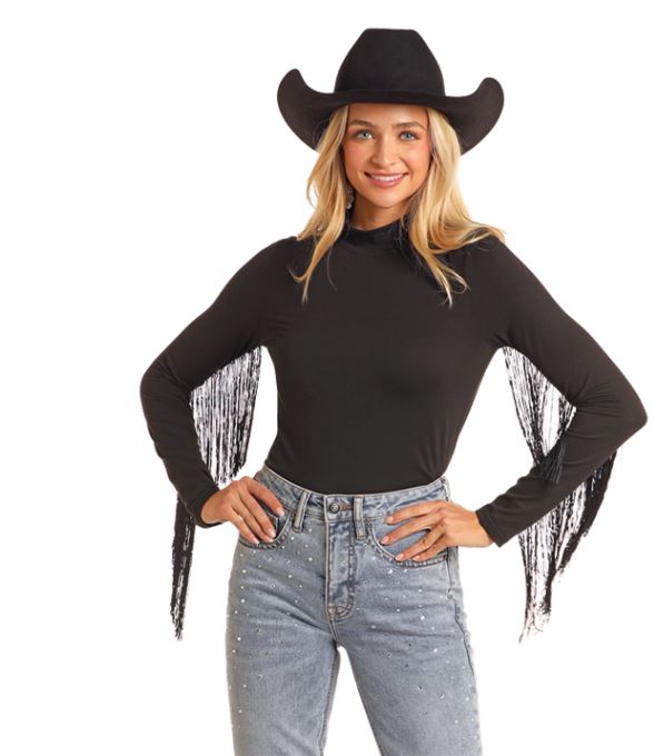 Rock & Roll Denim Black Mock Neck Women's Longsleeve Top with Fringe BW52TO5289