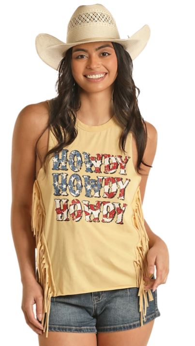 Rock & Roll Denim Fringe Howdy Tank Top RRWT20R0YJ