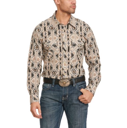 Rock & Roll Denim Taupe/White/Black Aztec Print Men's Longsleeve Collared Shirt BMN2S03370