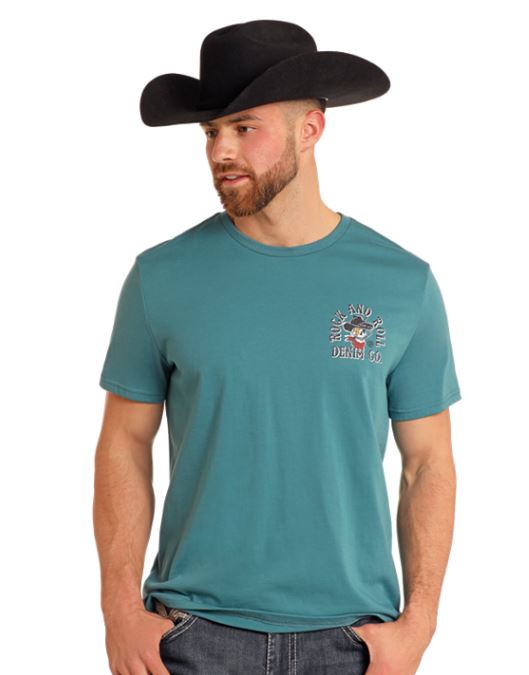 Rock & Roll Denim Teal Cowboy Skull Unisex Short Sleeve Graphic T-Shirt BU21TO5603