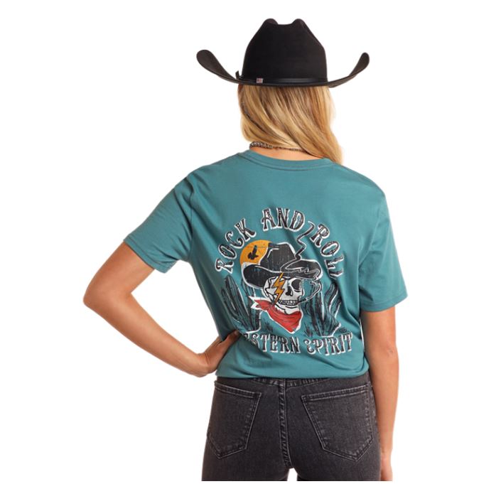 Rock & Roll Denim Teal Cowboy Skull Unisex Short Sleeve Graphic T-Shirt BU21TO5603
