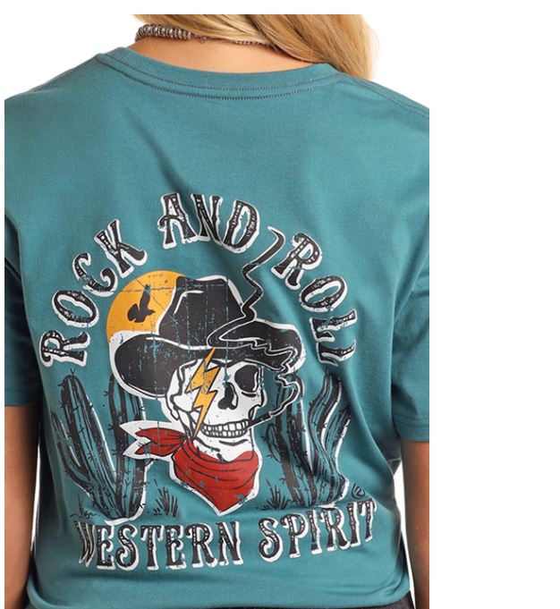 Rock & Roll Denim Teal Cowboy Skull Unisex Short Sleeve Graphic T-Shirt BU21TO5603