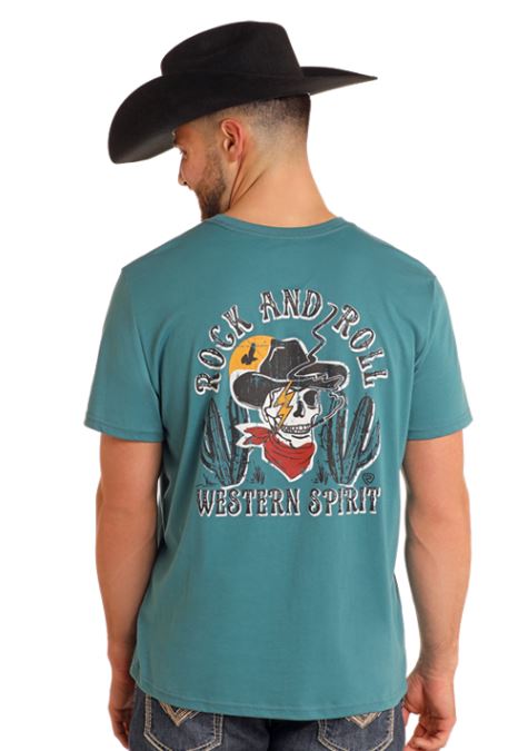 Rock & Roll Denim Teal Cowboy Skull Unisex Short Sleeve Graphic T-Shirt BU21TO5603