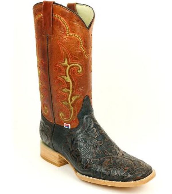 Rockin Leather Brown and Rustic Orange Tooled Cowhide Leather Western Boot 1190