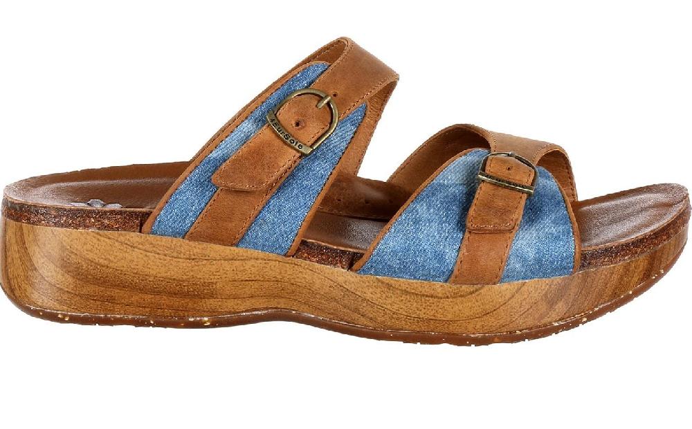 RockyBrands 4EurSole Tan Blue Denim Golden Day Womens Slide Sandals RKH062