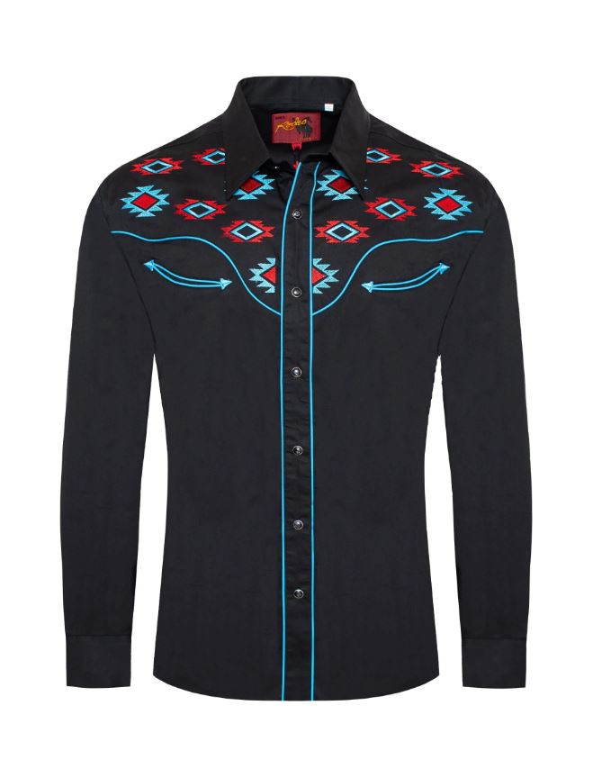 Rodeo Black with Aztec Embroidered Design Men's Western Cowboy Shirt PS500L-572