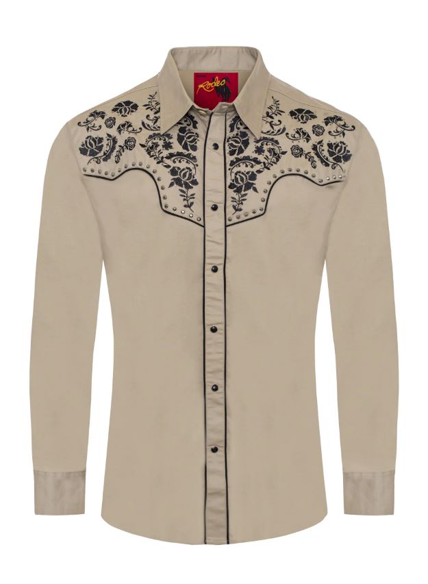 Rodeo Clothing Beige/Black Men's Collared Longsleeve Regular Fit Snap Shirt with Embroidery and Rhinestones PS500-BEIGEBLK