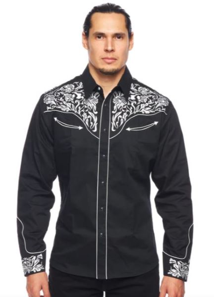 Rodeo Clothing Black/Silver Longsleeve Men's Snap Shirt with Floral Embroidery PS500L-562