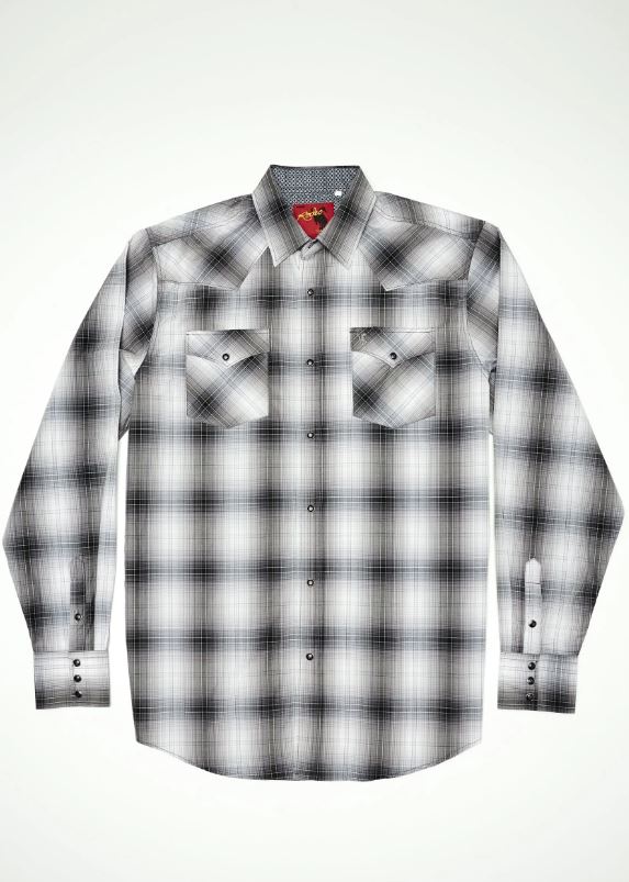 Rodeo Clothing Black/White Plaid Big &Tall Men's Collared Longsleeve Snap Shirt PS400L-BT-453