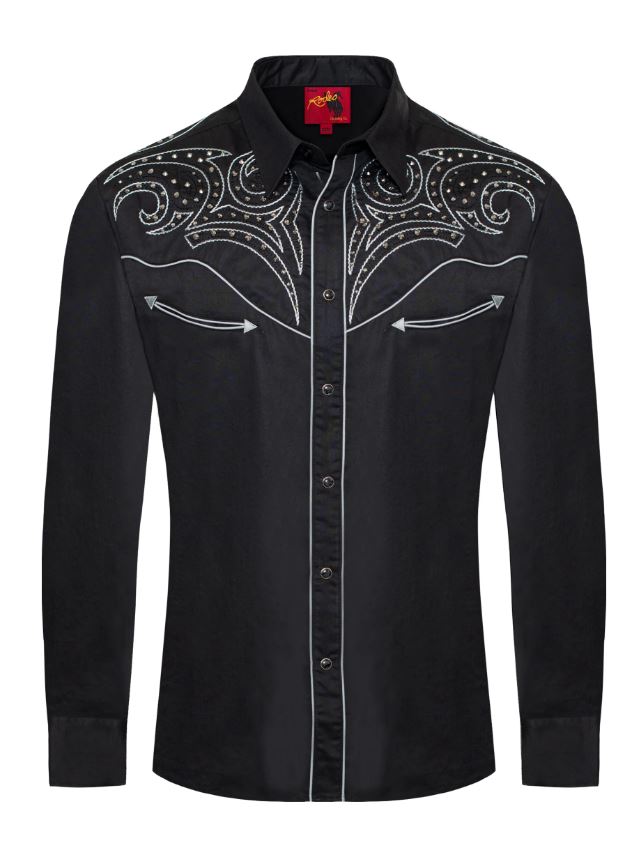 Rodeo Clothing Black with Diamond Like Stones Men's Collared Western Embroidered Snap Shirt PS500D-1001