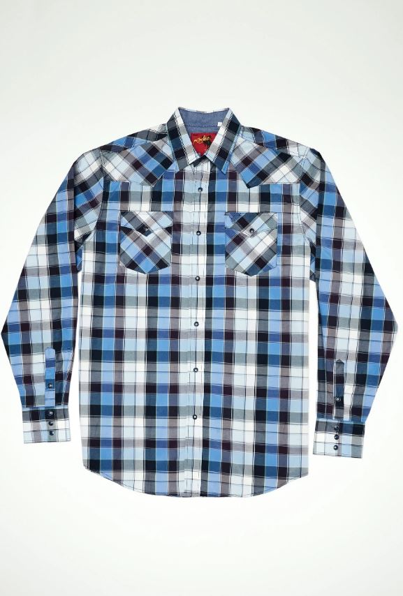 Rodeo Clothing Blue Plaid Men's Big and Tall Collared Longsleeve Snap Shirt PS400L-BT-468